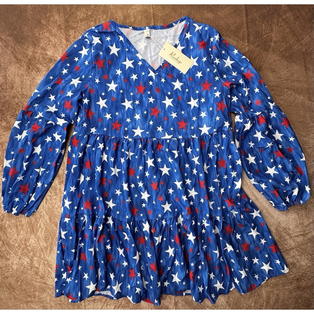 Blue Star Print V-Neck Tiered Dress